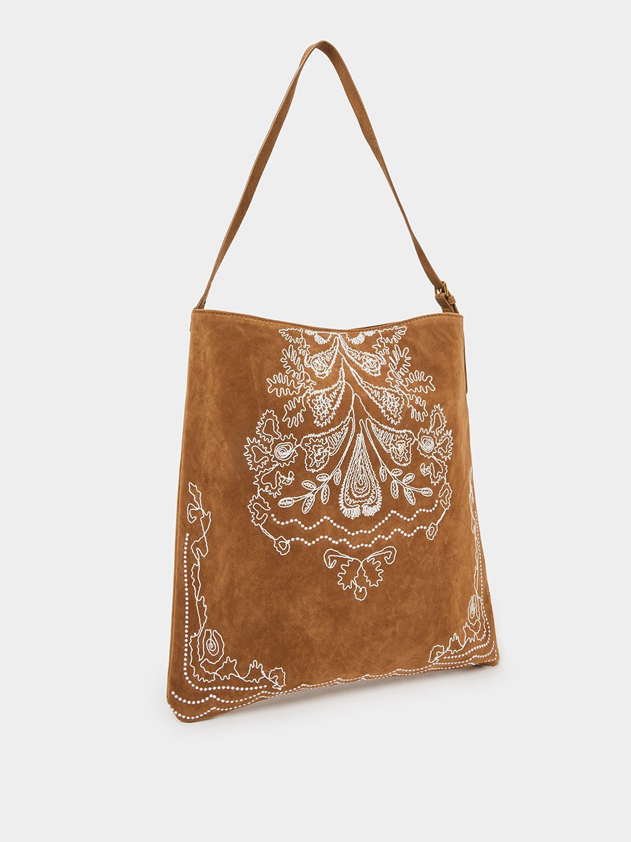 Brown Embroidered Suede Hobo Bag