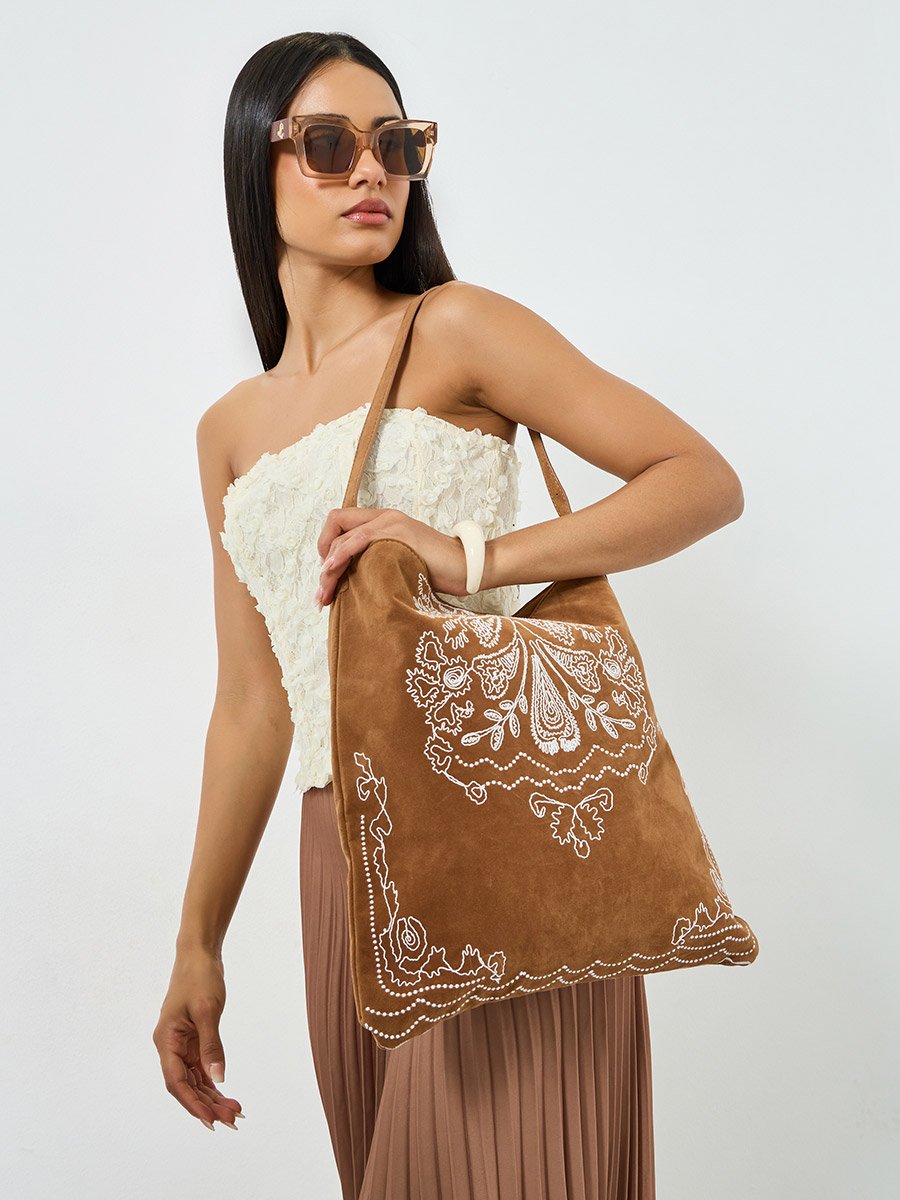 Brown Embroidered Suede Hobo Bag
