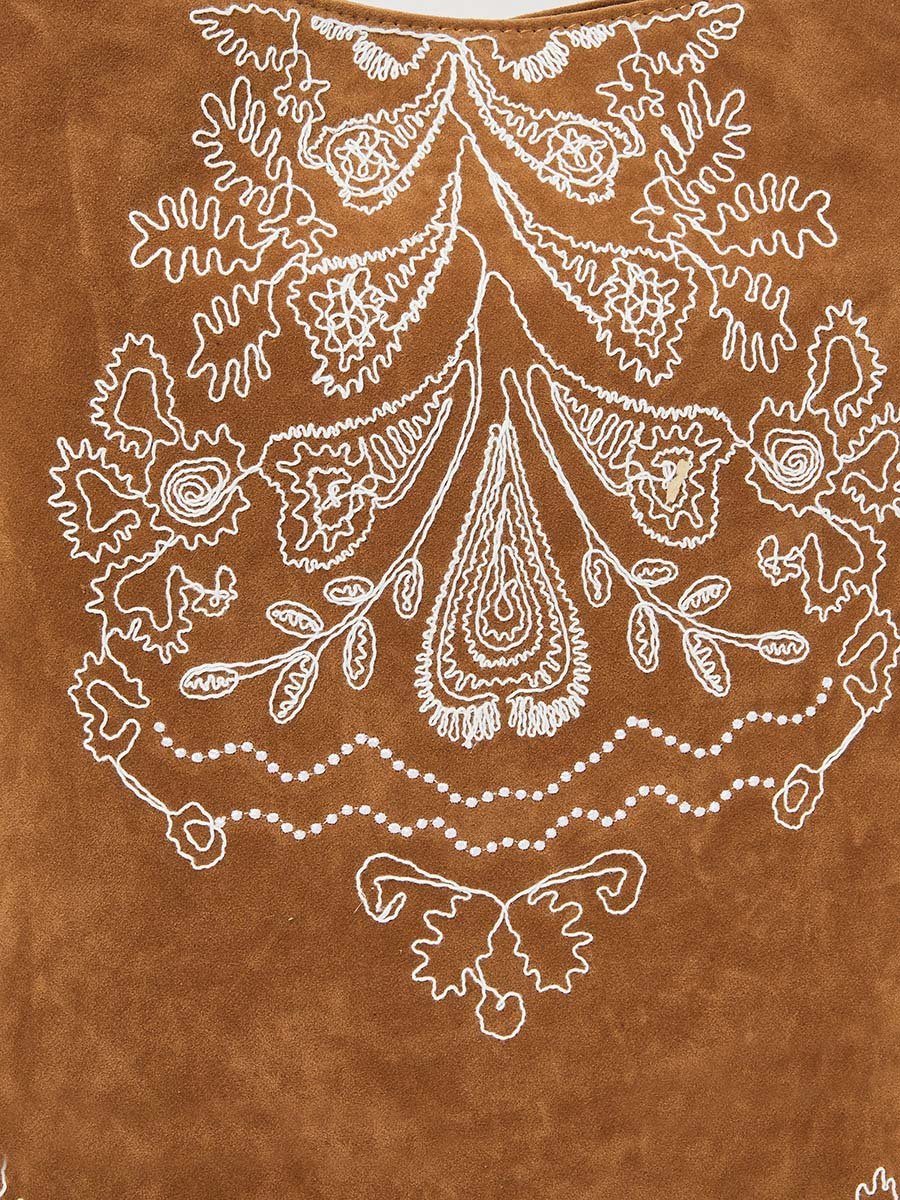 Brown Embroidered Suede Hobo Bag
