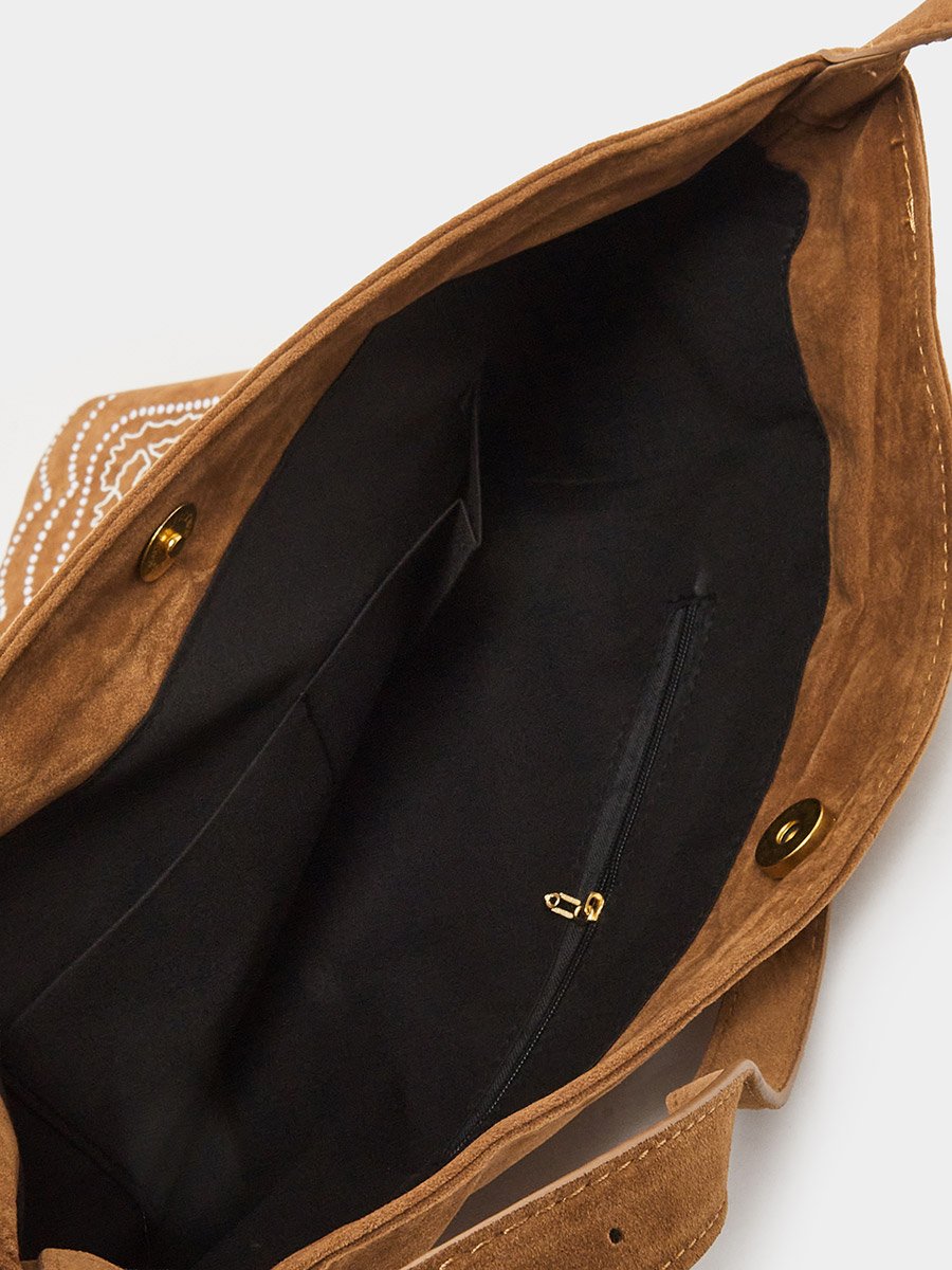 Brown Embroidered Suede Hobo Bag