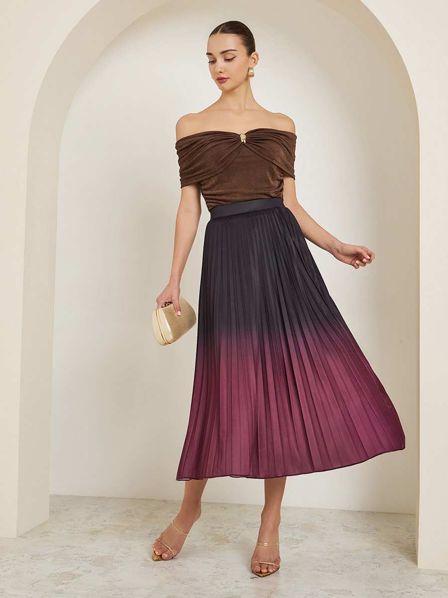 Burgundy Ombre Pleated A-Line Midi Skirt For Women at Bahrain | Styli