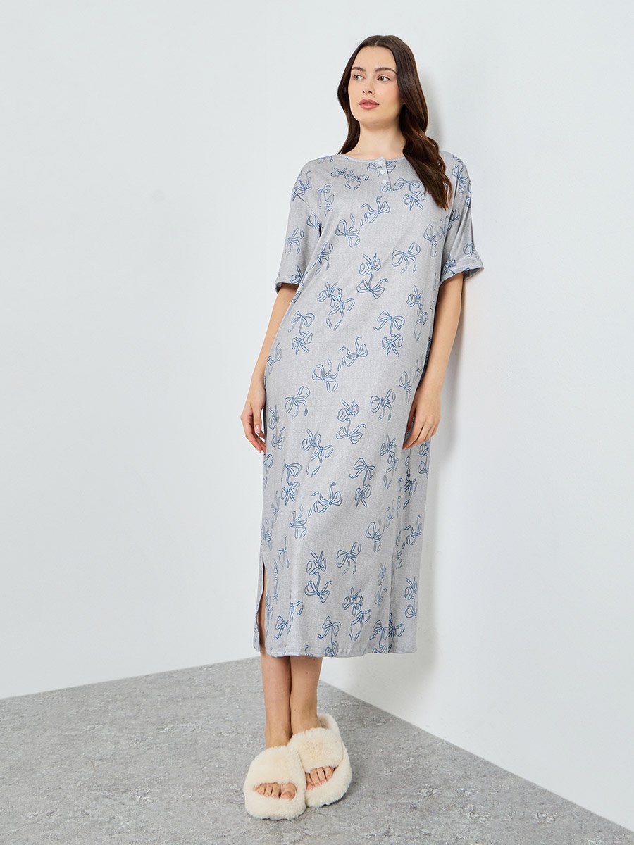 Grey Bow Print Short Sleeve Nightdress
