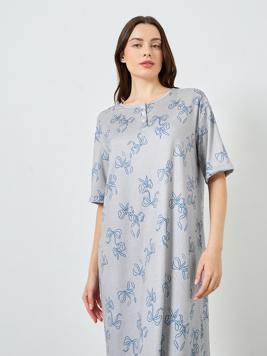 Grey Bow Print Short Sleeve Nightdress