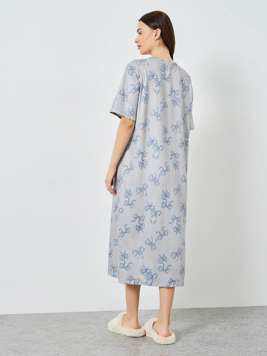 Grey Bow Print Short Sleeve Nightdress