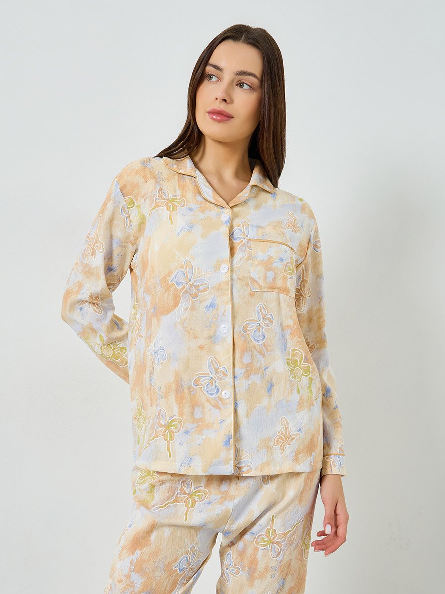 Butterfly Print Long Sleeve Shirt and Pyjama Set