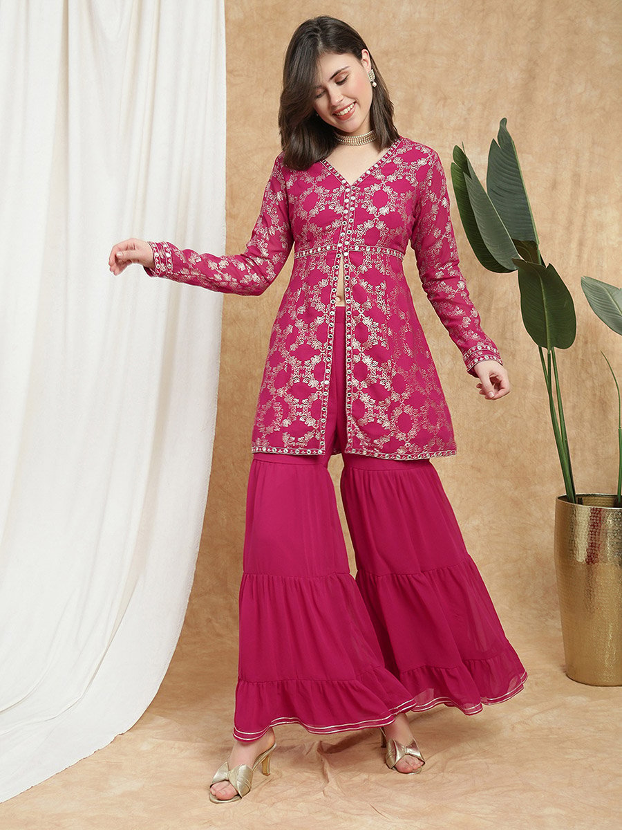Women Pink V-Neck Gold Foil Print Tunic and Sharara Co-Ords