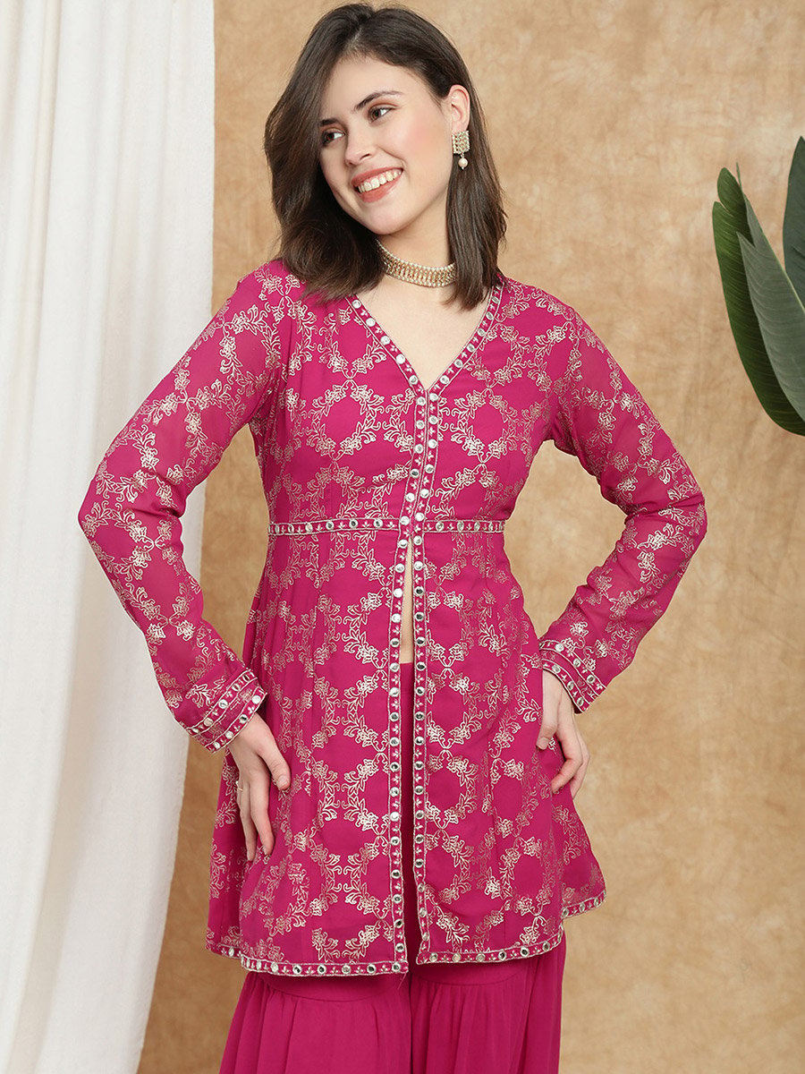 Women Pink V-Neck Gold Foil Print Tunic and Sharara Co-Ords