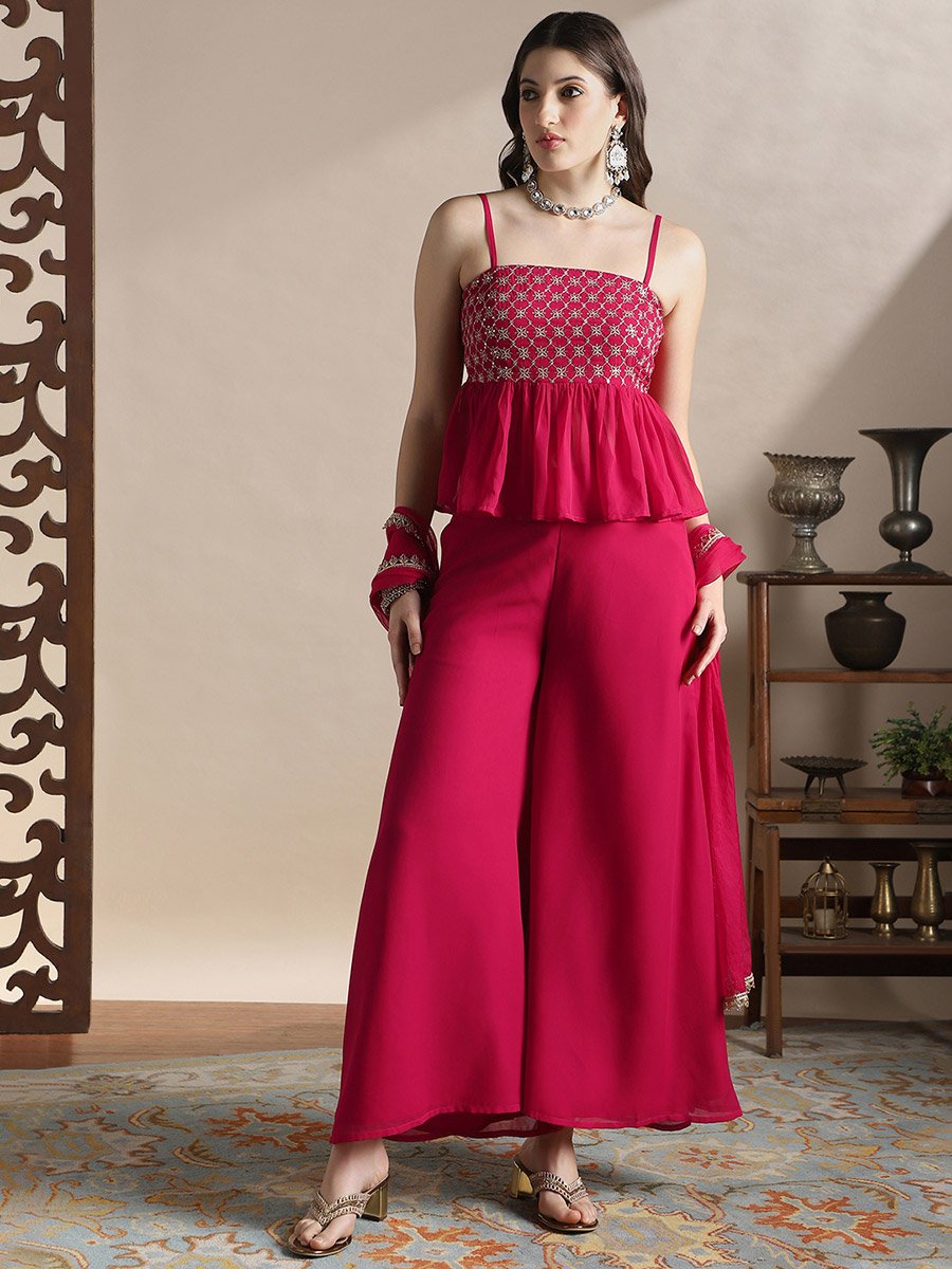 Women Sequin Embroidery Peplum Top and Palazzos with Dupatta Festive Co-Ords