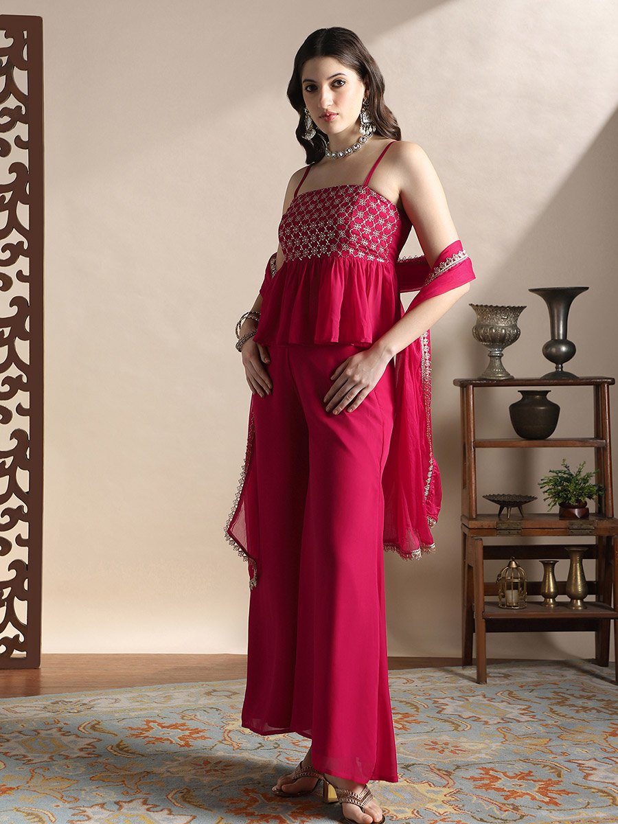 Women Sequin Embroidery Peplum Top and Palazzos with Dupatta Festive Co-Ords