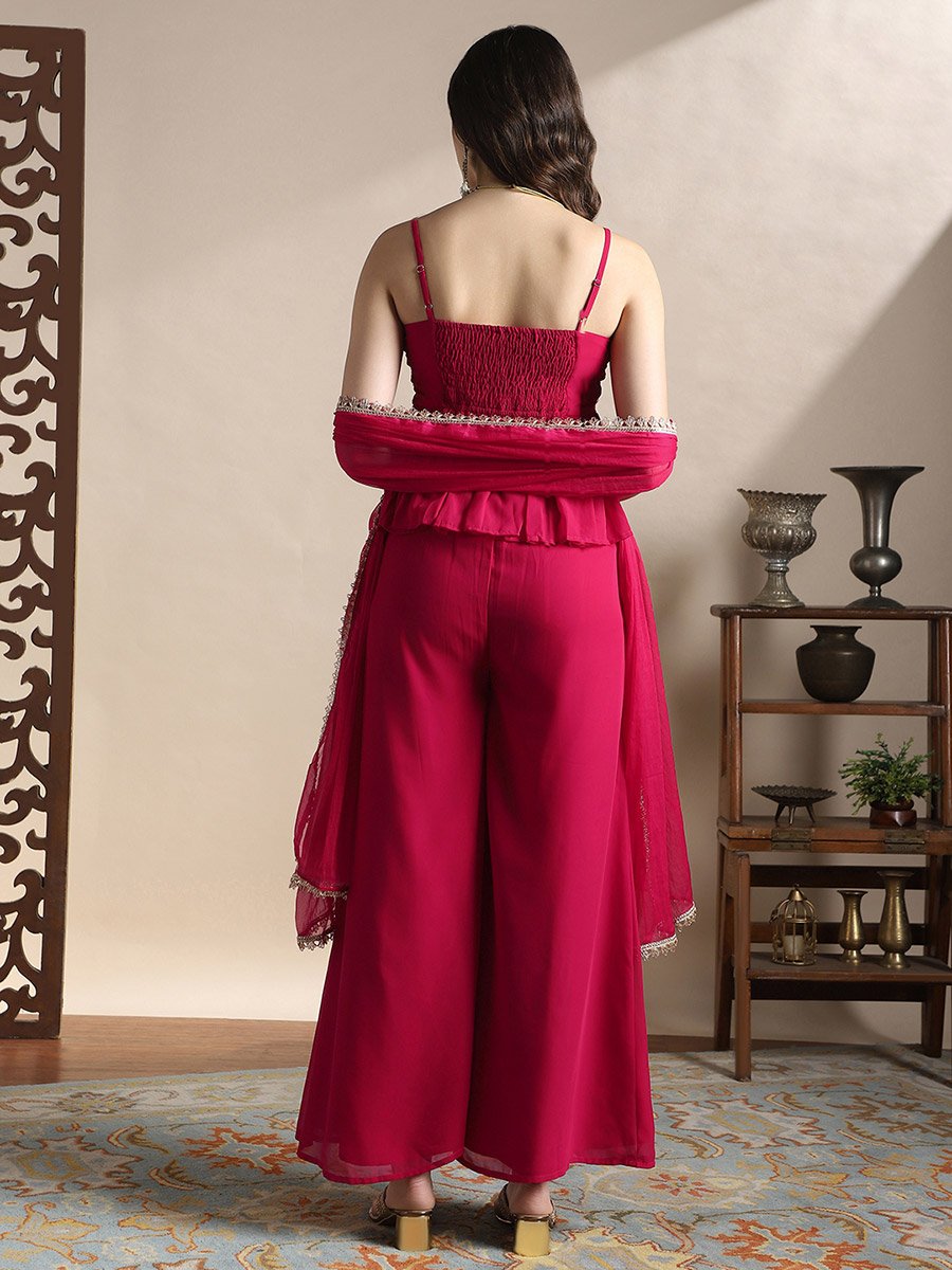 Women Sequin Embroidery Peplum Top and Palazzos with Dupatta Festive Co-Ords