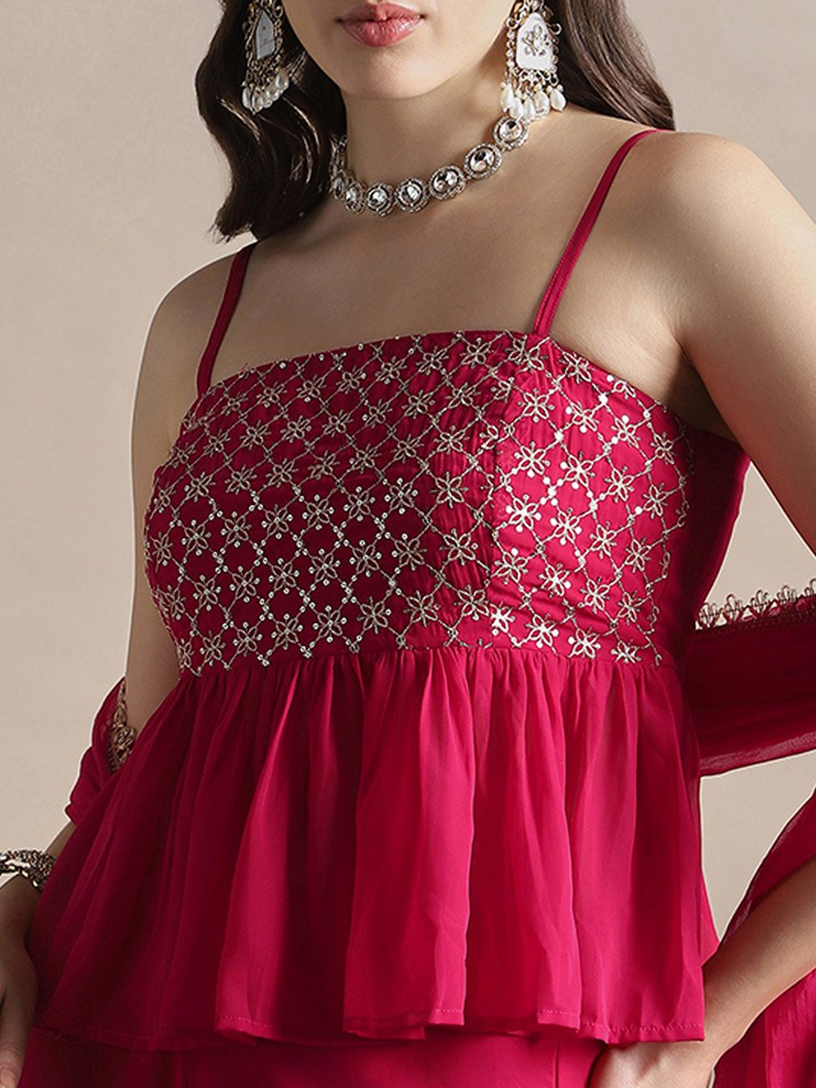 Women Sequin Embroidery Peplum Top and Palazzos with Dupatta Festive Co-Ords
