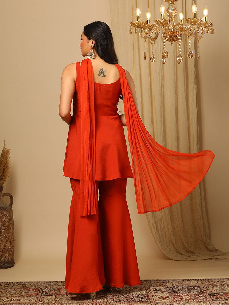 Women Zari Sequined Detail Tunic and Gharara Pants with Choker Dupatta Co-Ords