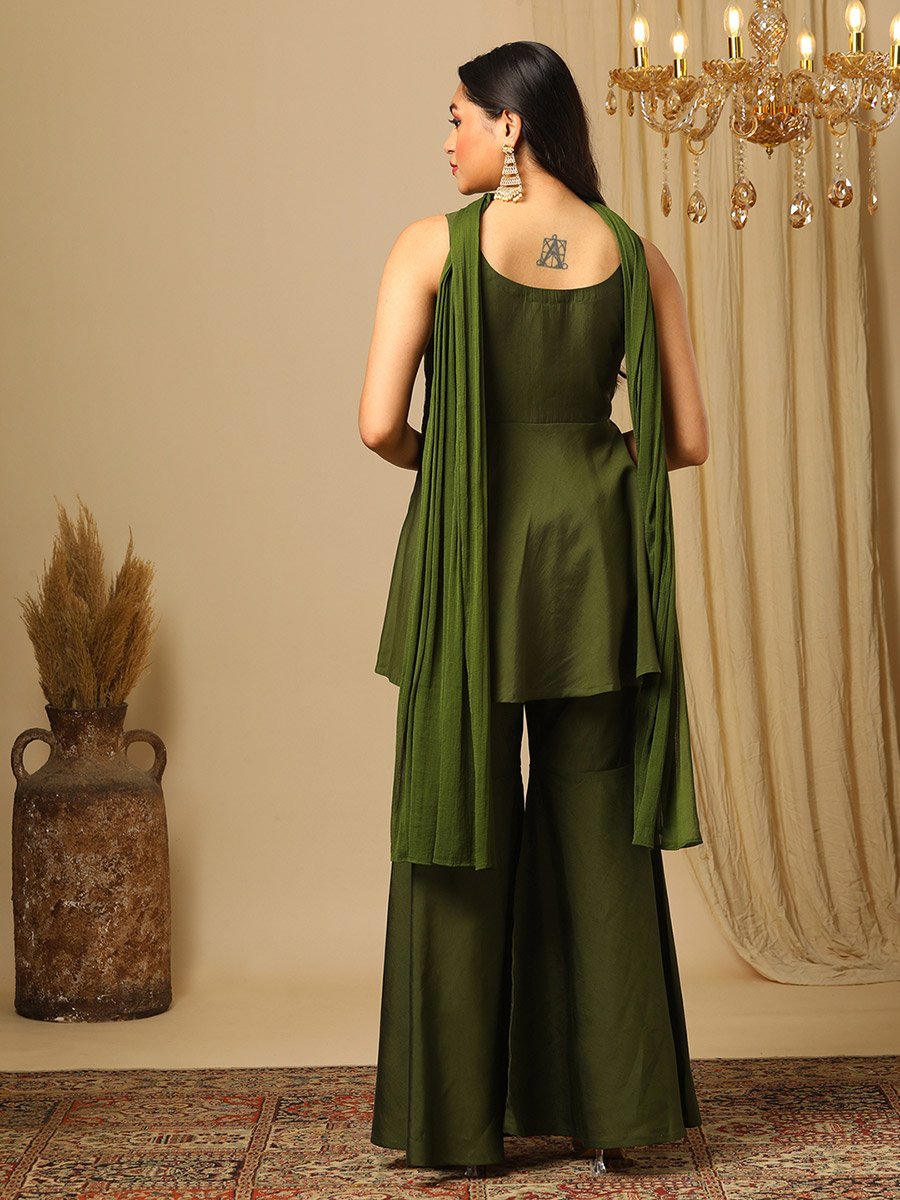 Women Zari Sequined Detail Tunic and Gharara Pants with Choker Dupatta Co-Ords