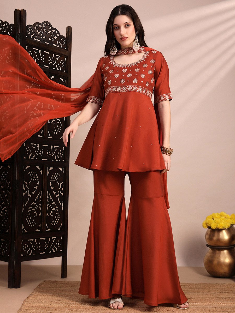 3-Piece Zari Embroidered Yoke Tunic, Gharara and Dupatta Festive Co-Ords
