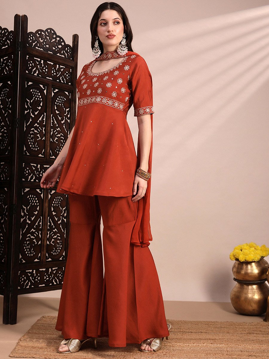 3-Piece Zari Embroidered Yoke Tunic, Gharara and Dupatta Festive Co-Ords