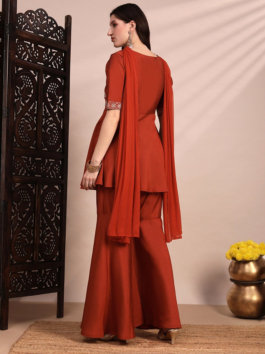 3-Piece Zari Embroidered Yoke Tunic, Gharara and Dupatta Festive Co-Ords