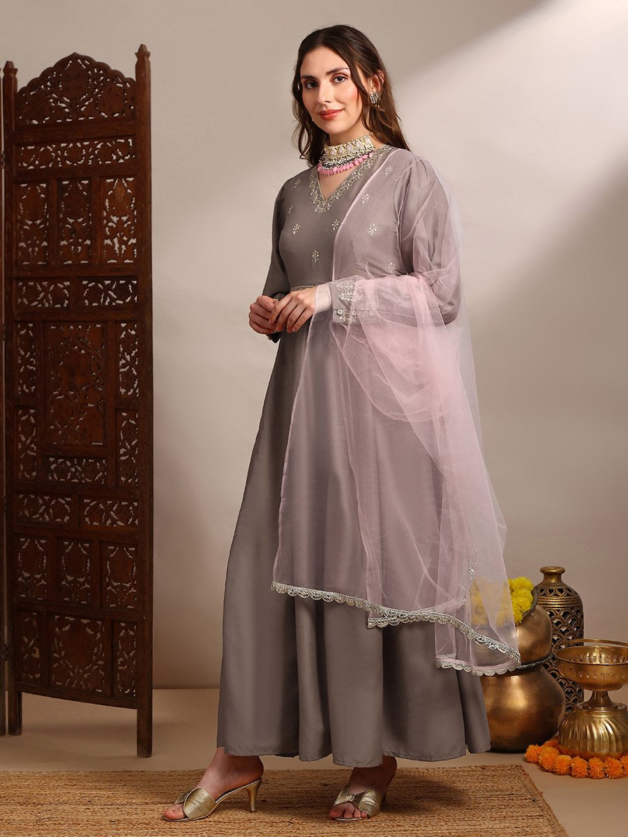 Women Embroidered Panel Maxi Dress with Belt and Dupatta Set For Women at  Kuwait | Styli