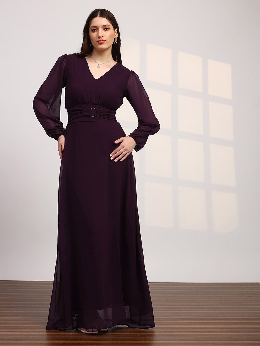 Women Burgundy Bishop Sleeves Maxi Dress For Women at Bahrain | Styli