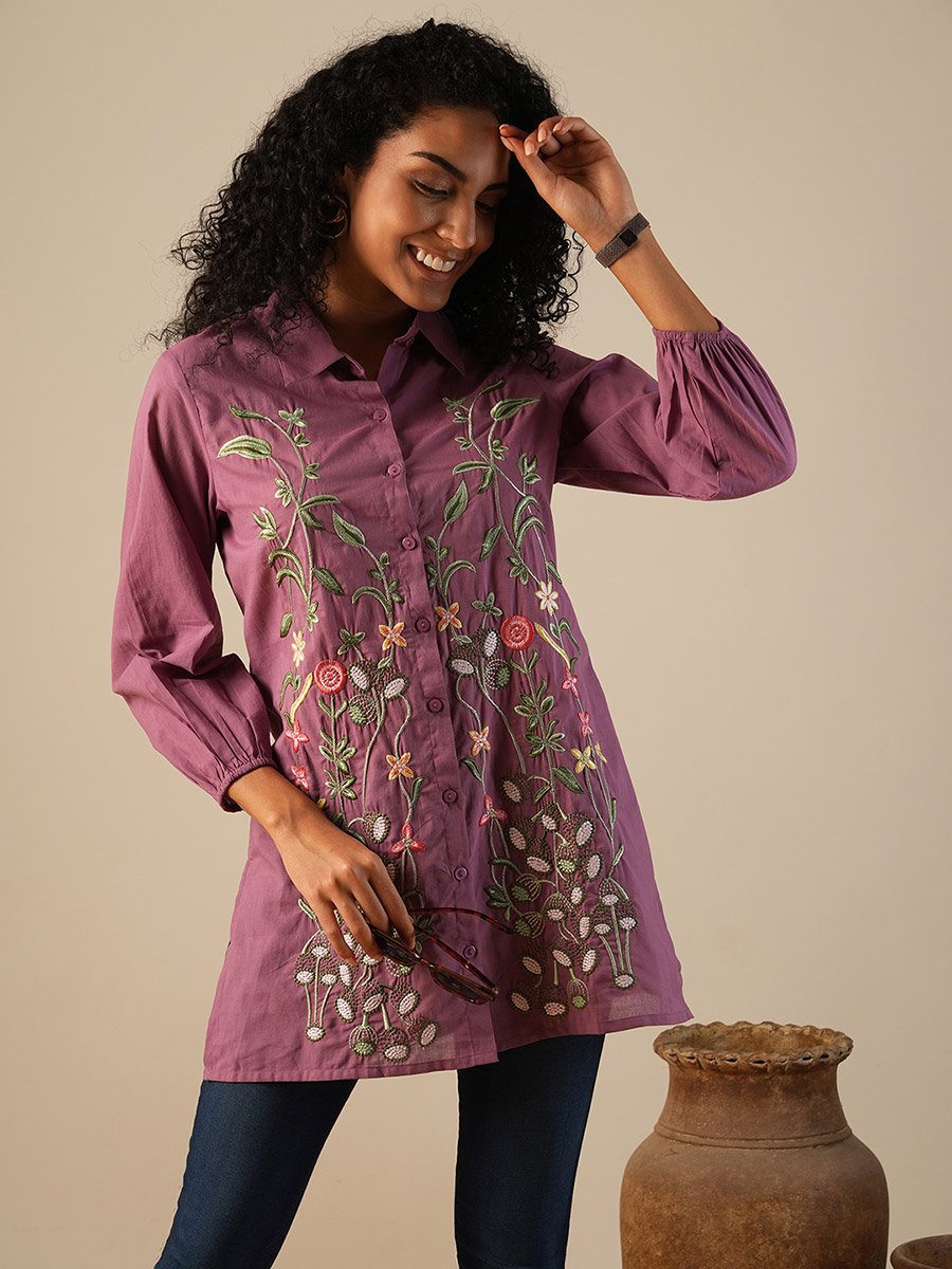 Women Purple Floral Embroidered A-Line Tunic