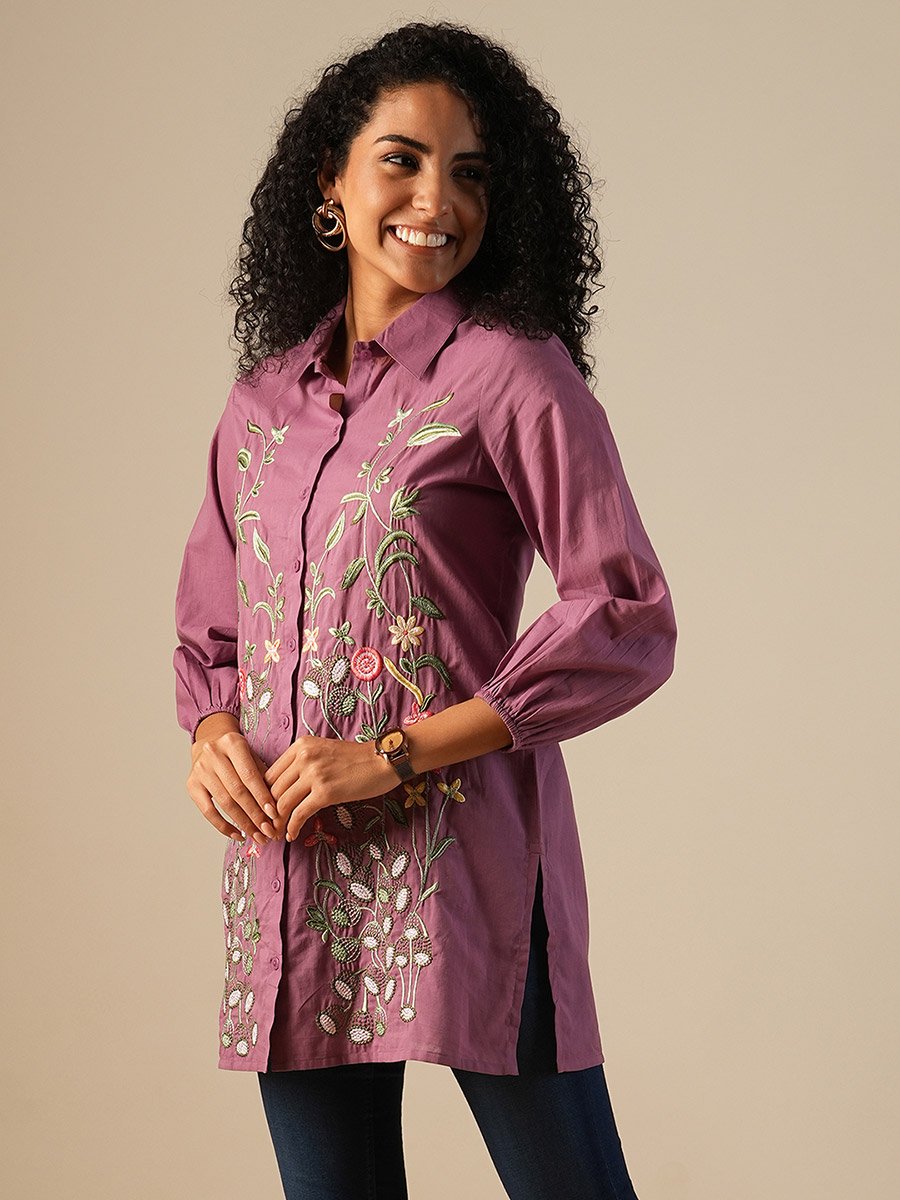 Women Purple Floral Embroidered A-Line Tunic
