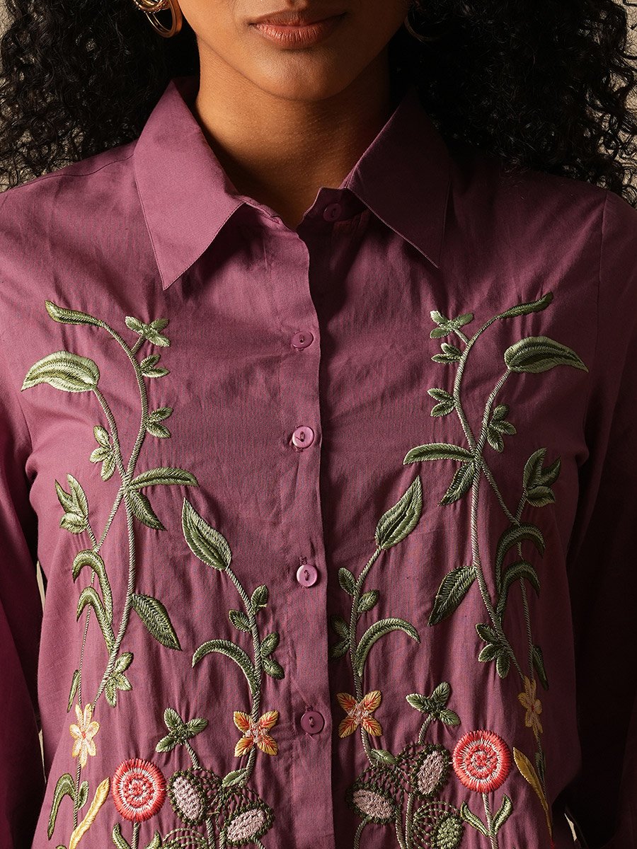 Women Purple Floral Embroidered A-Line Tunic