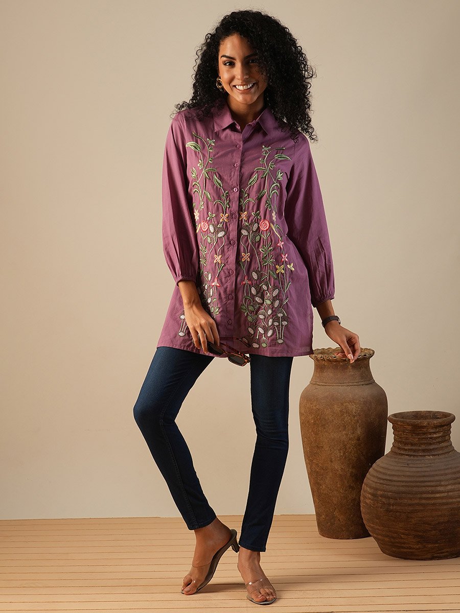 Women Purple Floral Embroidered A-Line Tunic