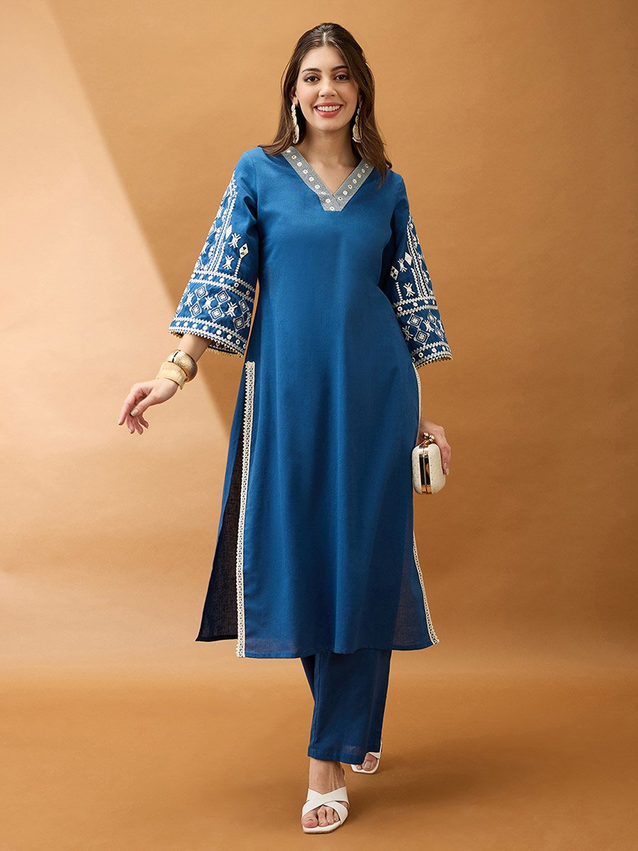Women Blue Bell Sleeves Embroidered Kurta with Pant Set