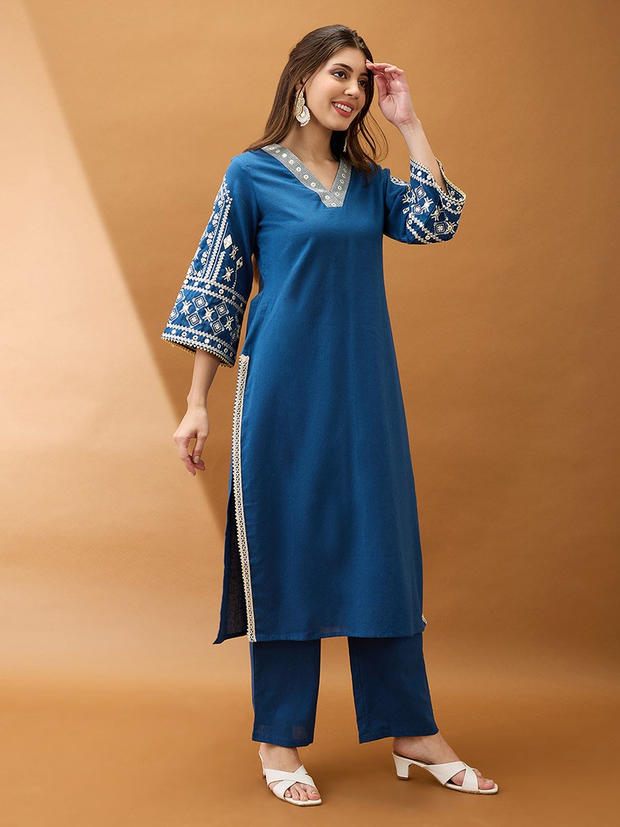 Women Blue Bell Sleeves Embroidered Kurta with Pant Set