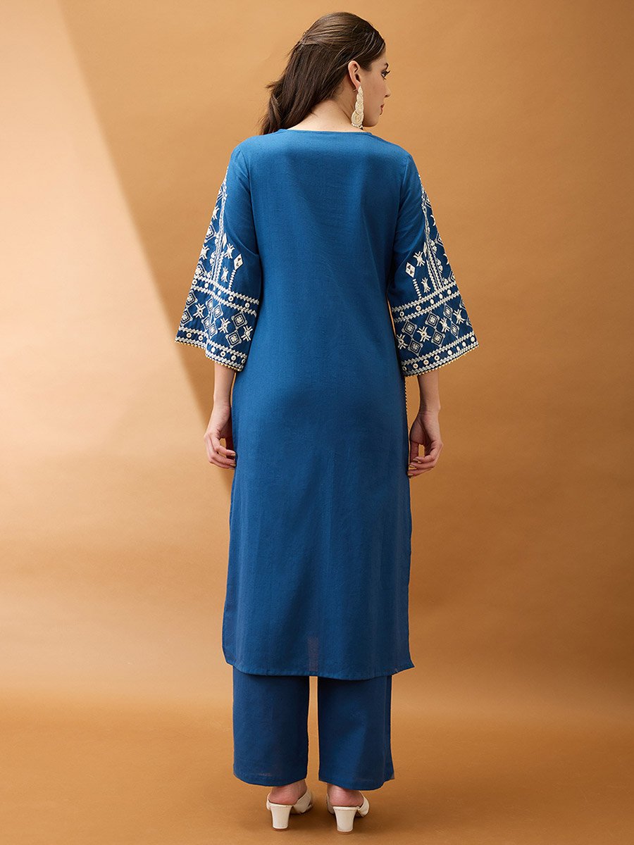 Women Blue Bell Sleeves Embroidered Kurta with Pant Set