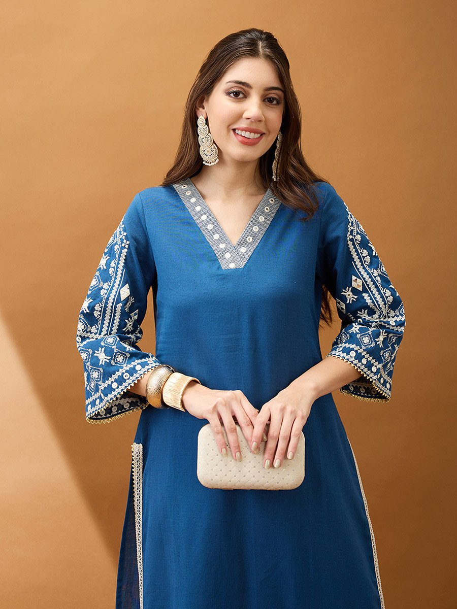 Women Blue Bell Sleeves Embroidered Kurta with Pant Set