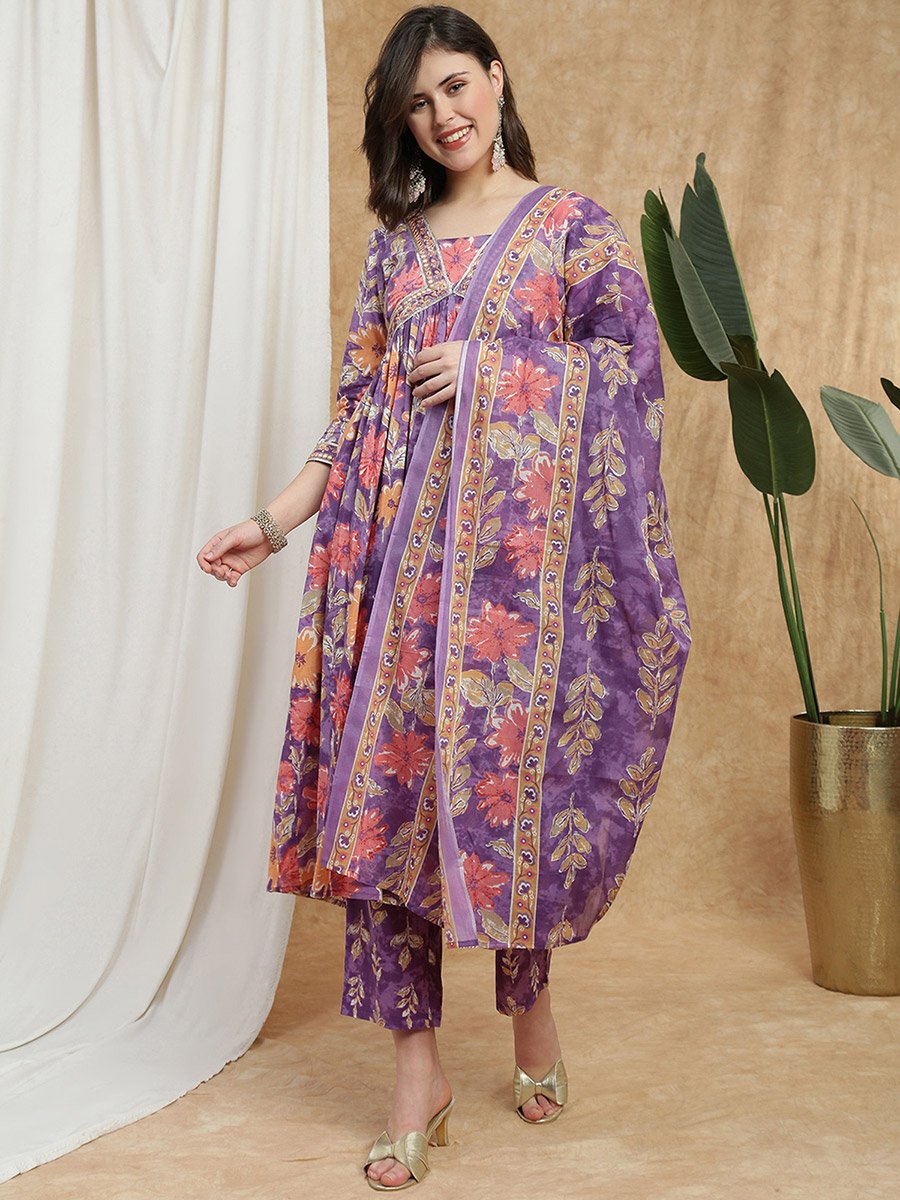 Women Purple Floral Embroidered Kurta with Pant and Dupatta Set