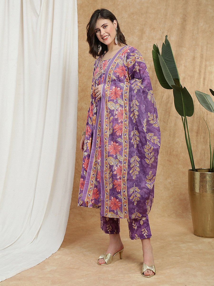 Women Purple Floral Embroidered Kurta with Pant and Dupatta Set