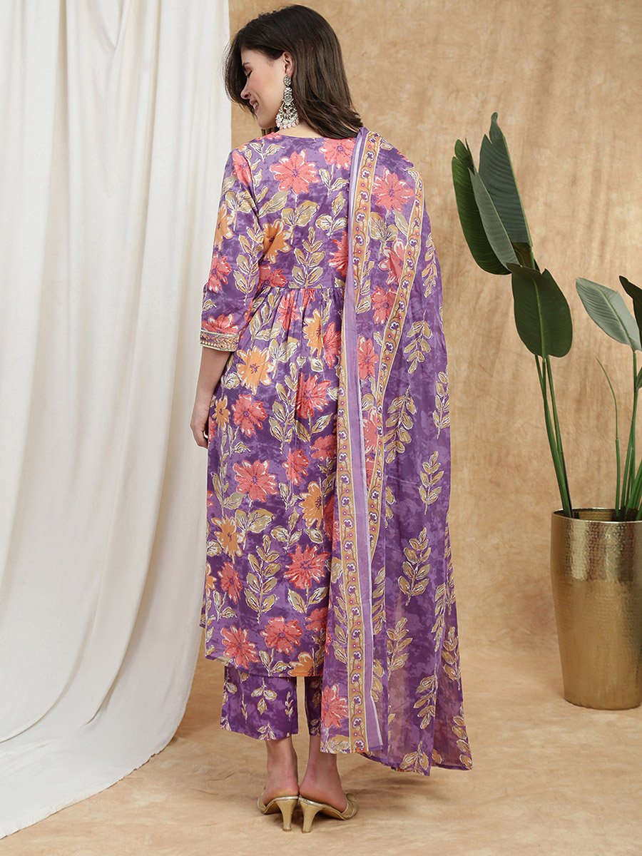 Women Purple Floral Embroidered Kurta with Pant and Dupatta Set