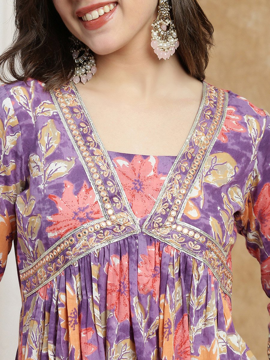 Women Purple Floral Embroidered Kurta with Pant and Dupatta Set