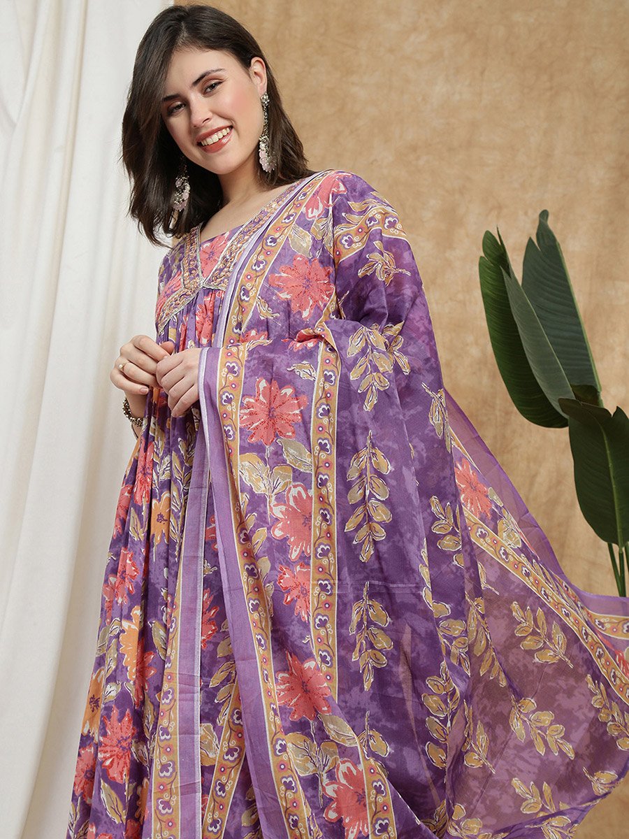 Women Purple Floral Embroidered Kurta with Pant and Dupatta Set