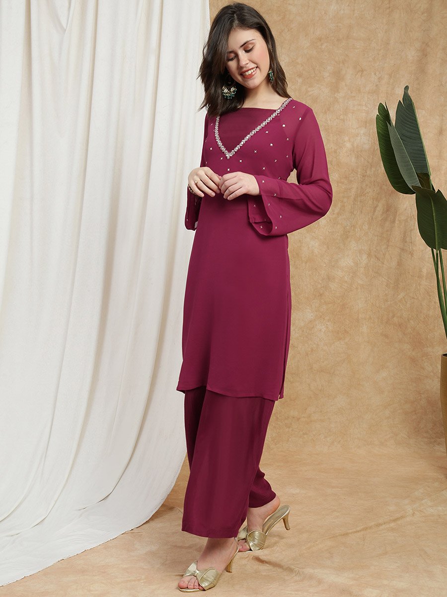 Women Maroon Sequin Embellished Kurta with Crop Top and Wide Leg Trouser Set