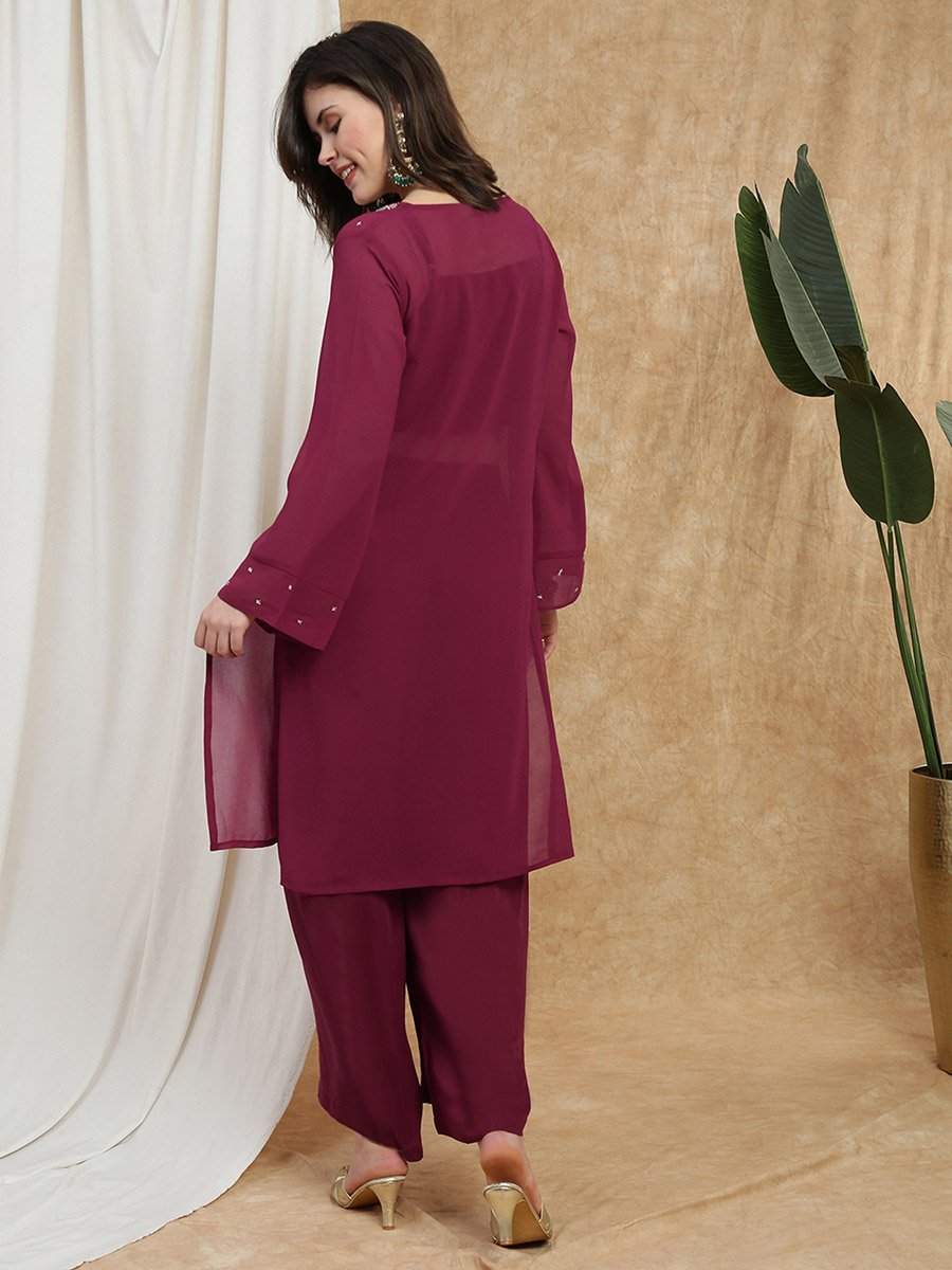 Women Maroon Sequin Embellished Kurta with Crop Top and Wide Leg Trouser Set