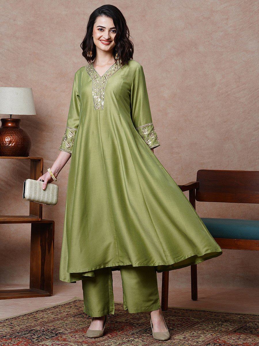 Olive Floral Embroidered A-Line Anarkali Kurta with Pants Set