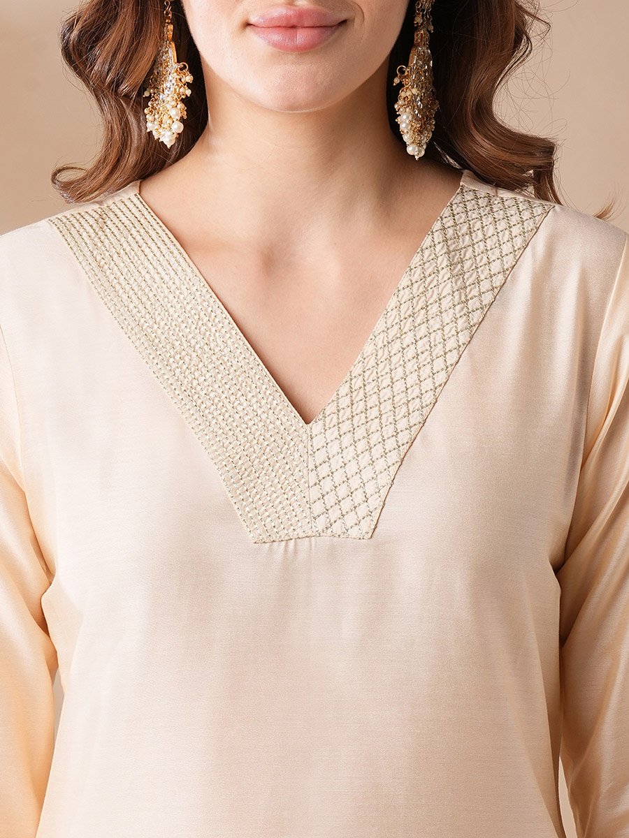 Women Off White Silver Zari Embroidered Kurta and Pants Set