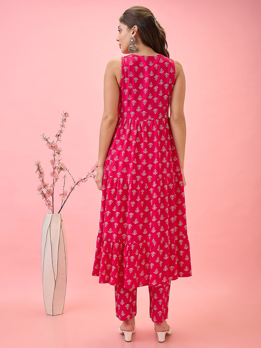 Women Pink Embroidered Floral Print Tiered Kurta and Pants Set