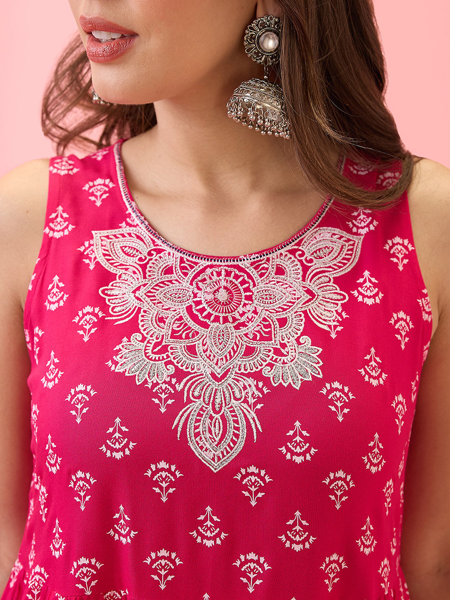 Women Pink Embroidered Floral Print Tiered Kurta and Pants Set