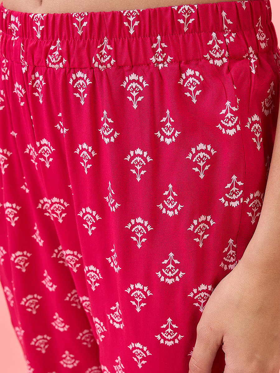 Women Pink Embroidered Floral Print Tiered Kurta and Pants Set