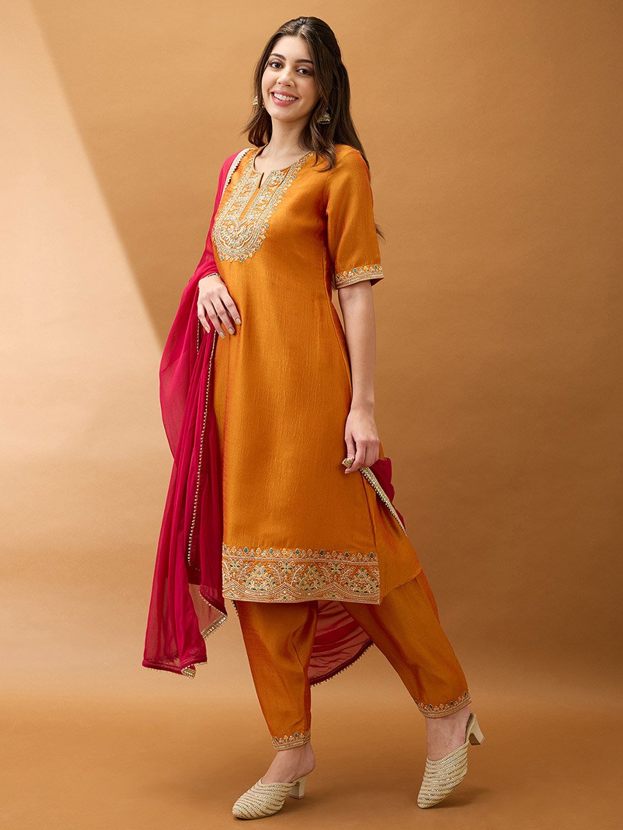 Women Yellow Sequined Zari Embroidered Kurta with Pant and Dupatta Set