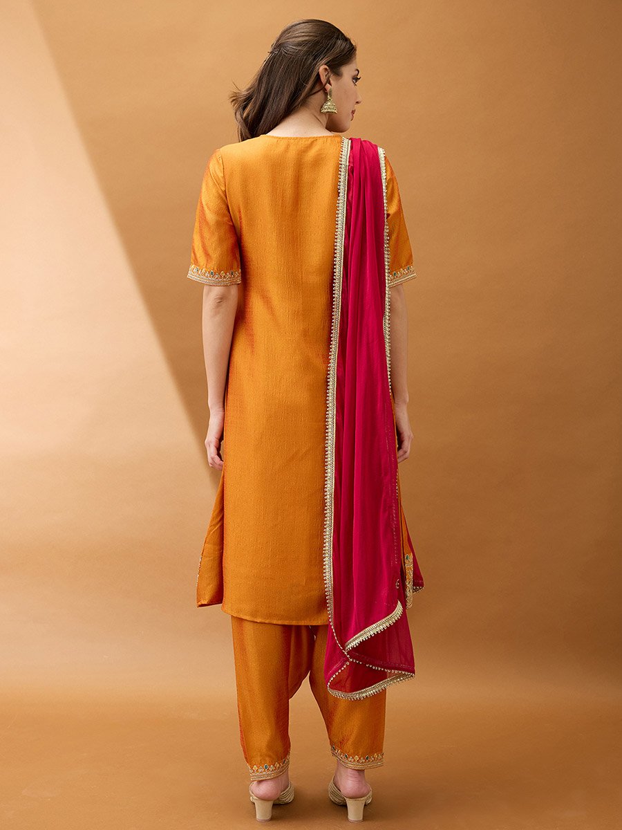 Women Yellow Sequined Zari Embroidered Kurta with Pant and Dupatta Set