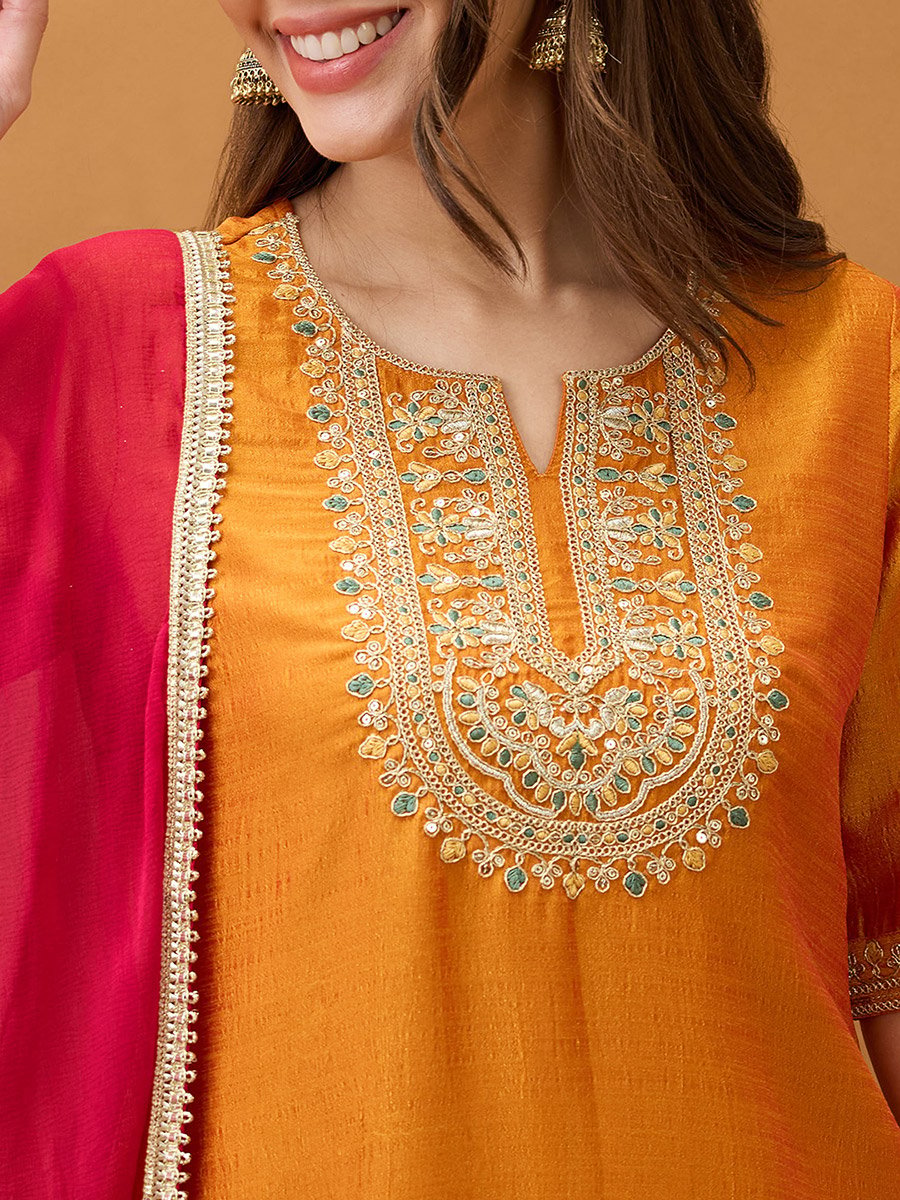 Women Yellow Sequined Zari Embroidered Kurta with Pant and Dupatta Set