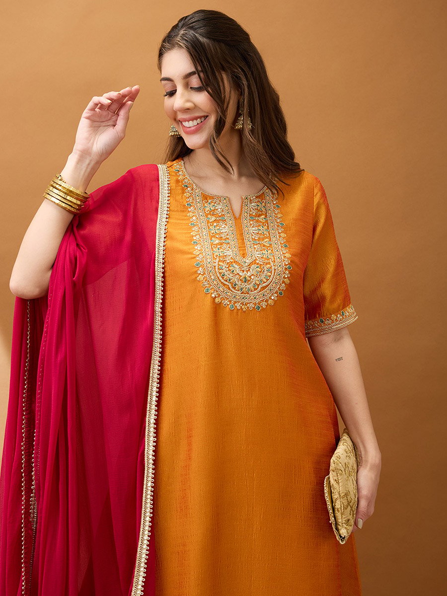 Women Yellow Sequined Zari Embroidered Kurta with Pant and Dupatta Set