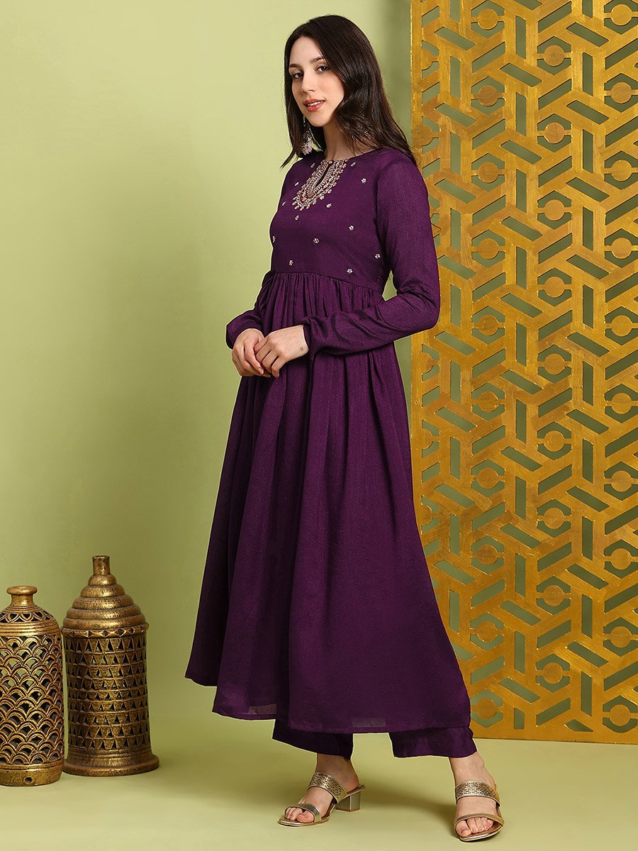 Women Purple Sequin Embroidered Kurta with Wide Leg Pants Set