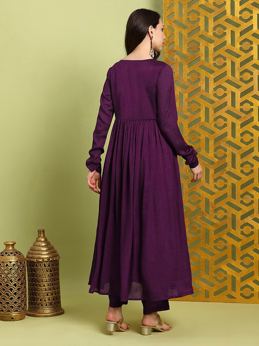 Women Purple Sequin Embroidered Kurta with Wide Leg Pants Set