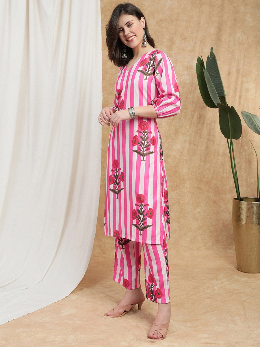 Women Pink Floral Stripes Straight Kurta and Pant Set