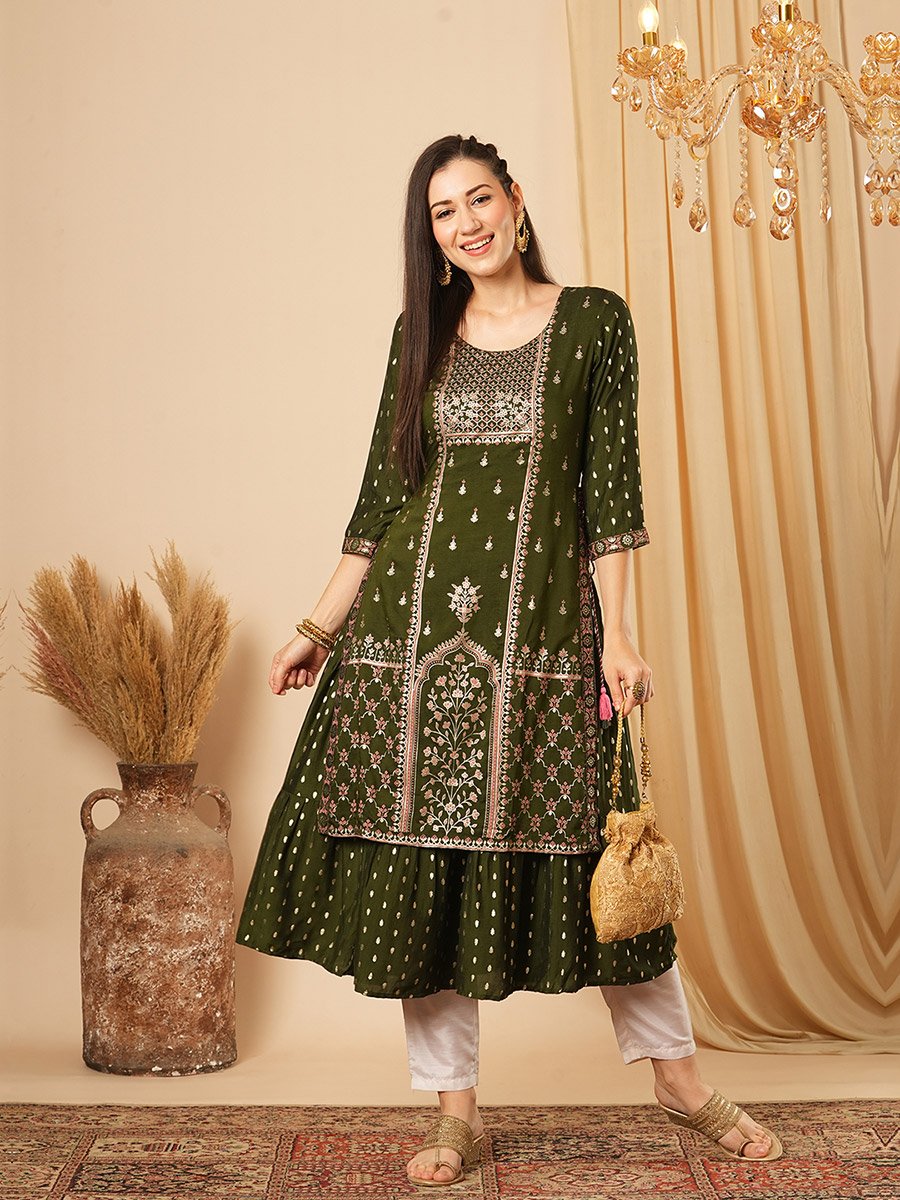 Women Green Gold Foil Floral Print A-Line Kurta